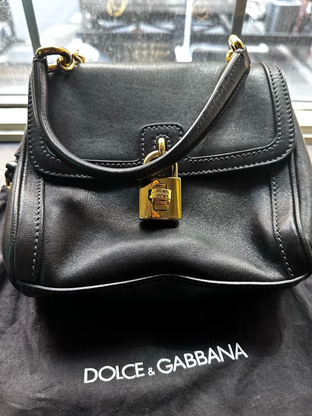 Dolce & Gabbana Black Leather Top-Handle Bag with Gold Lock - Picture 6 of 8